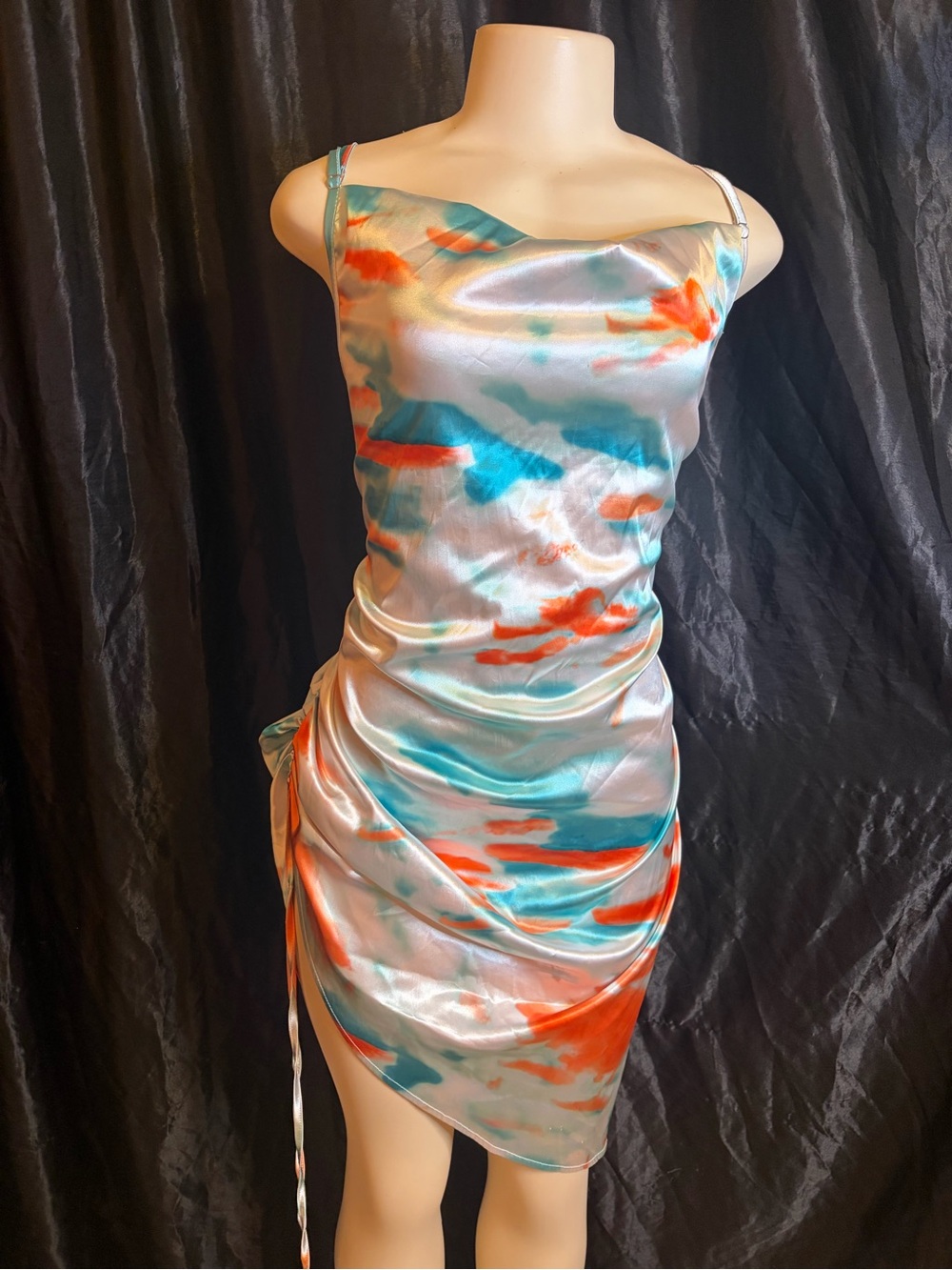 SHEIN Teal, Orange & Silver Satin Cowl Mini Dress